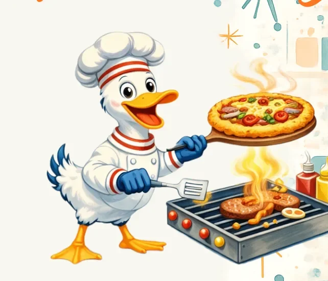 Larry the duck in a chef hat grilling and serving pizza — watercolor illustration
